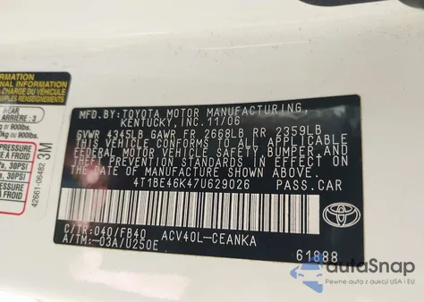 2007 Toyota Camry Le z USA, uszkodzony, nr VIN 4T1BE46K47U629026